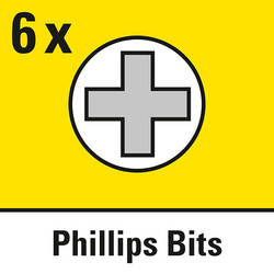 6 kruiskopprofielbits (Philips) in PH1 – PH3