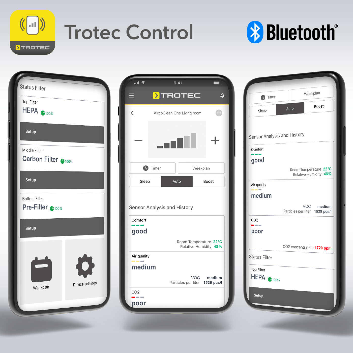 Apparaatbediening, ruimteluchtkwaliteitsregeling of oproepen van de filterstatus – alles eenvoudig comfortabel via de Trotec Control app regelbaar