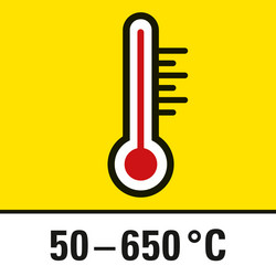 Heteluchttemperatuur voorselecteerbaar van 50 °C tot 650 °C in stappen van 10 graden