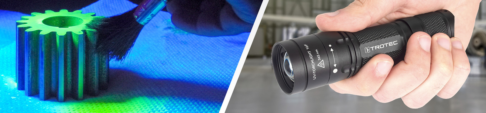 UV-Torchlight 16F – met focusring traploos instelbare UV-A-handstraler van puntlicht naar vloedlicht